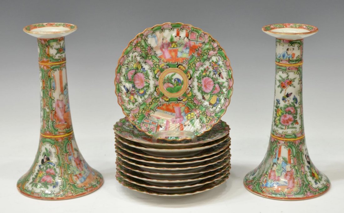 (12) CHINESE EXPORT ROSE MEDALLION TABLE ARTICLES: (lot of 12) Chinese export Rose Medallion porcelain tableware, comprising: (pair) candlesticks, each finely decorated with cartouches of figural scenes and bird and flower motifs, minor enamel surface