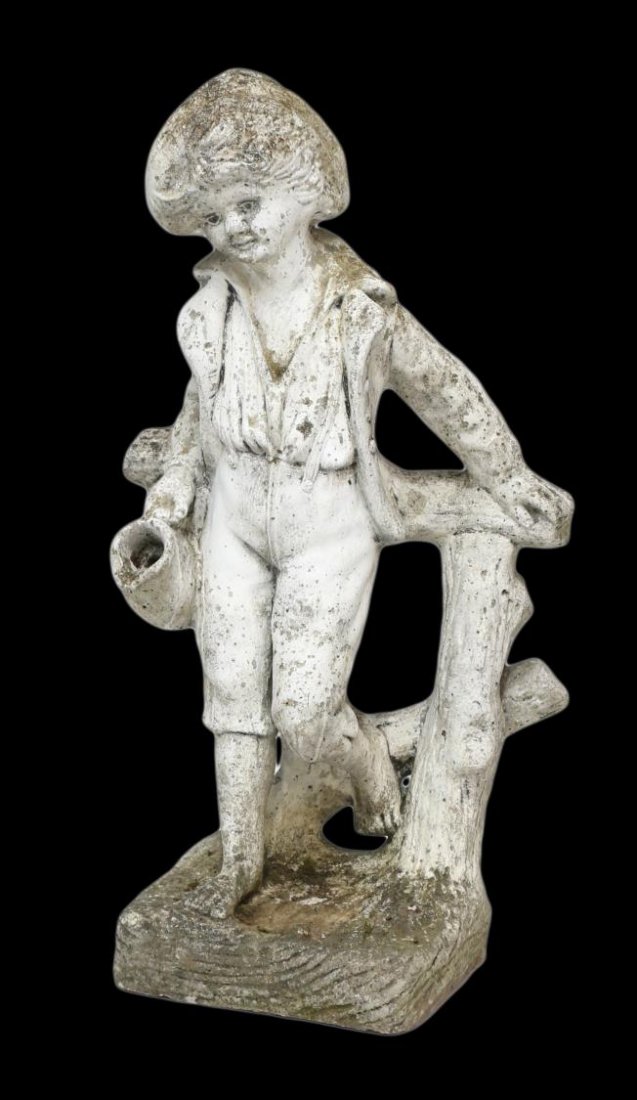 PATINATED STONE GARDEN STATUE: Patinated stone garden statue depicting a boy holding a pitcher, lip of pitcher with chip, 31.25"h, 16.5"w, 11"d Start Price: $100.00