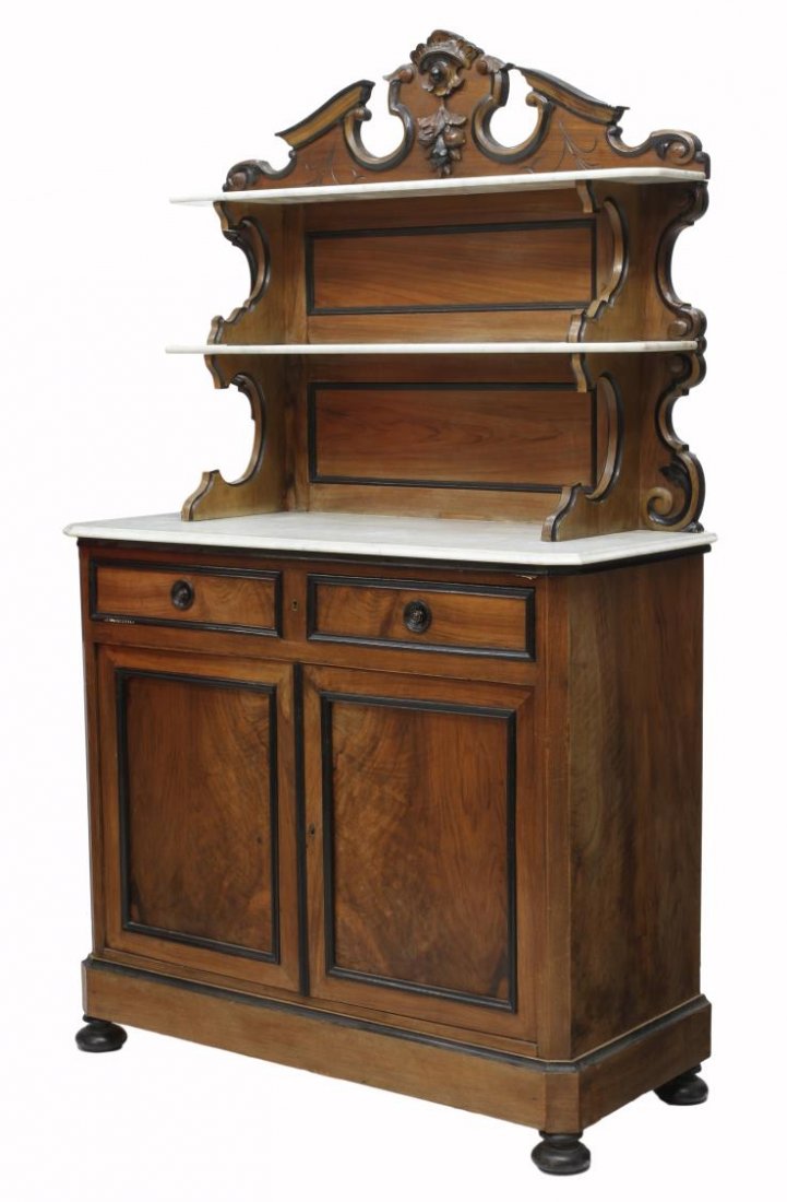 LOUIS PHILLIPE TIERED MARBLE TOP SERVER: Louis Phillipe tiered sideboard / server, 19th c., the figured wood case having ebonized trim, the tiered upper section centered by a fruited pendant, marble shelves and top over the case with two dra