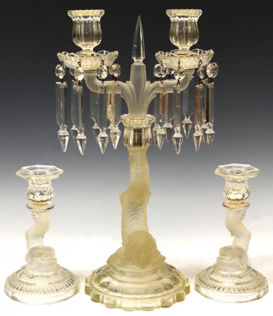 (3) DOLPHIN FIGURAL FROSTED CANDLE SUITE: (set of 3) Molded frosted and colorless glass figural candle suite, mid/late 19th c., comprising: (1) centerpiece, a molded swirl base surmounted by a female mermaid figure issuing forth two candles b