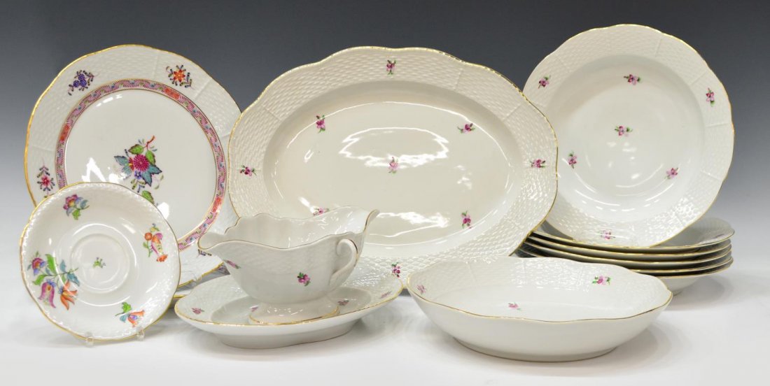 (12) HEREND PORCELAIN DINNERWARE, VARIED PATTERNS: (lot of 12) Collection of Hungarian hand painted porcelain dinnerware, Herend, in assorted patterns, including: pink flowers on basket weave border and gilt rim; (6) coupe bowls, 10"diam; (1) dish of 