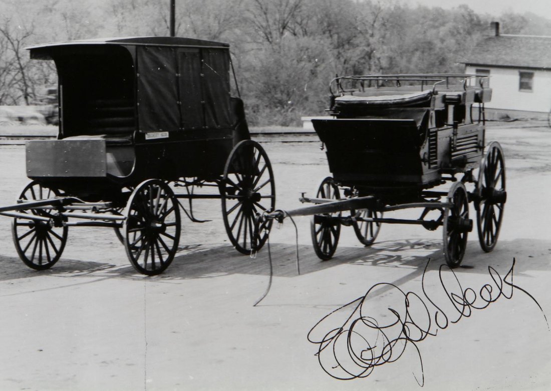 E.O. GOLDbECK (1892-1984) SIGNED, BUGGYS: Unframed panoramic photographic print, "Vehicles of By Gone Days", a sign stating one carriage carried Abraham Lincoln, ink signed lower right, E.O. Goldbeck, (Eugene Omar Goldbeck, Texas, 1892-1986),