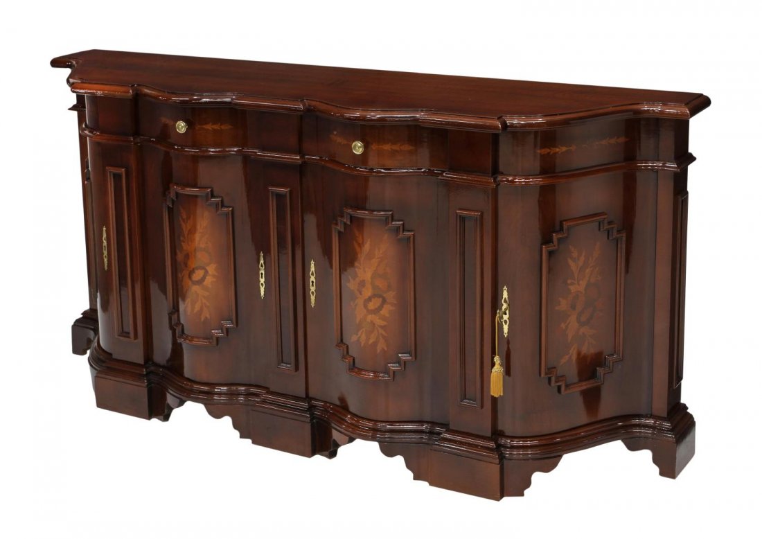 ITALIAN PIANO FINISH SIDEBOARD: Italian sideboard, late 20th c., having a shaped curved end top over two frieze drawers, four lower doors, all on conforming bracket base, 33.75"h, 68.5"w, 17"d Start Price: $150.00