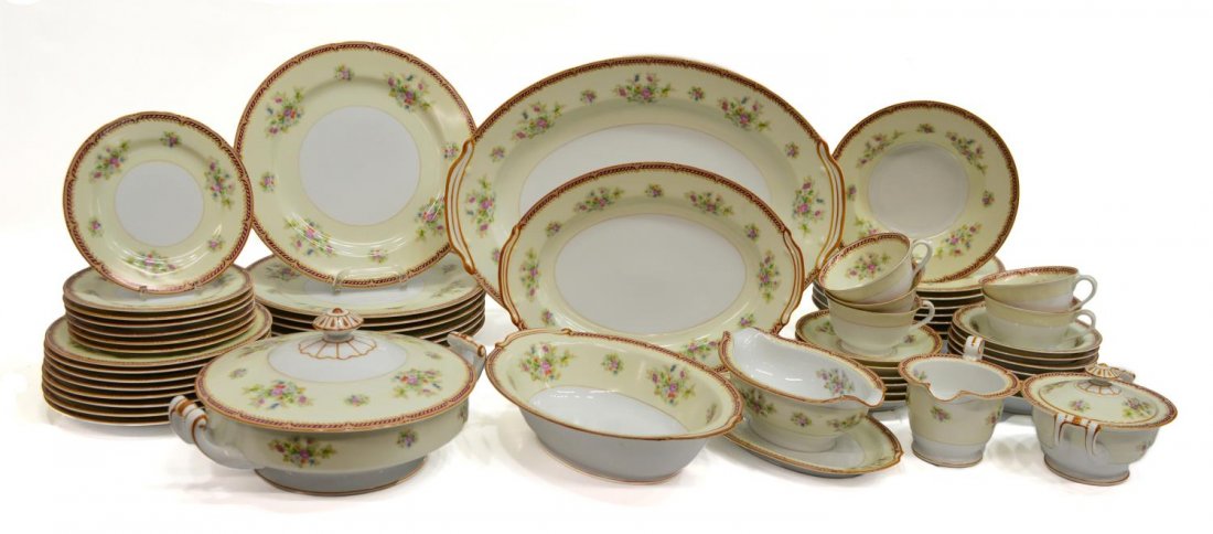 (60) NORITAKE ROYAL CROCKERY FLORAL PORCELAIN: (lot of 60) Noritake Royal Crockery porcelain dinner service, Japan, pale yellow border having polychrome flower bouquets and foliate and scroll trim, comprising: (7) dinner plates, 10"diam; (8) salad