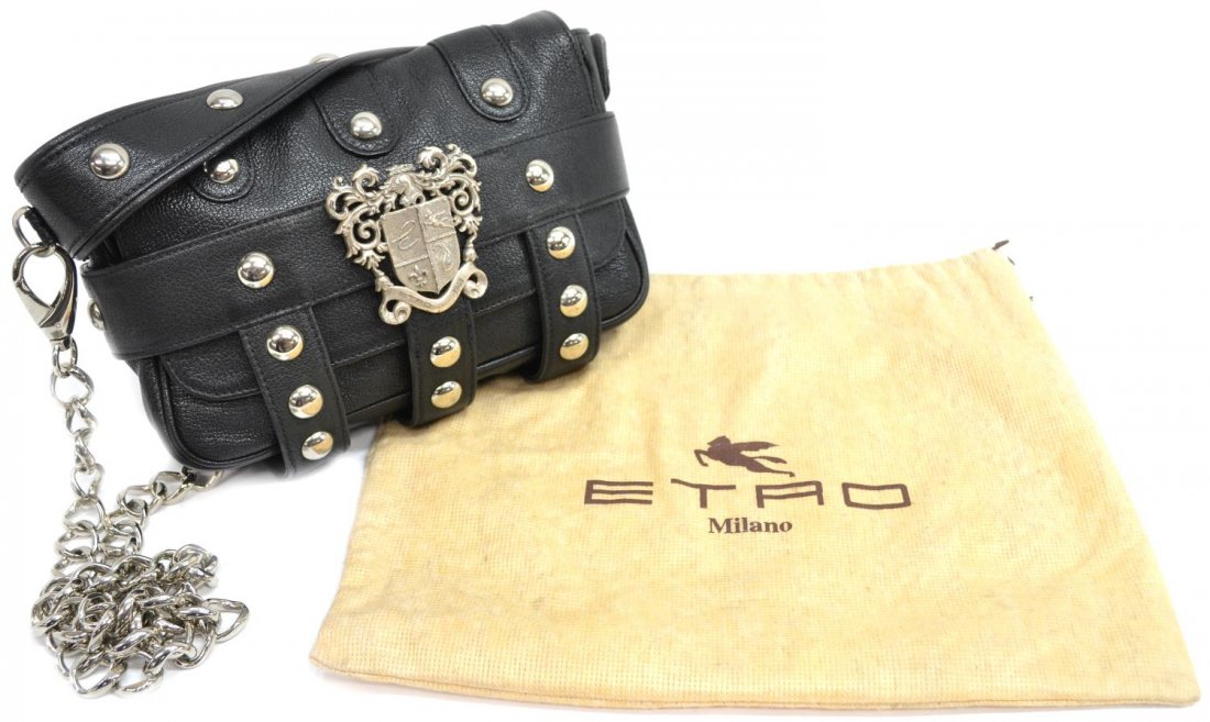 ETRO BLACK GRAINED LEATHER & SILVER CHAIN PURSE: Etro black grained leather shoulder bag, removable heavy silver tone chain shoulder strap, leather hand strap, silver tone metal hardware, exterior zipped pocket, lined interior with zip pocket, in du