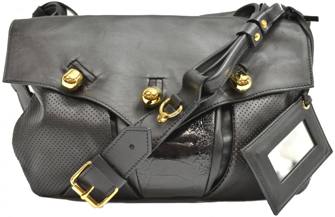 BALENCIAGA BLACK LEATHER & GOLD TONE SHOULDER BAG: Balenciaga black leather and animal print shoulder bag, dual sides with gold tone metal embellishments on flap closure, lined interior on both sides, one with zipped pocket, small mirror attached to o