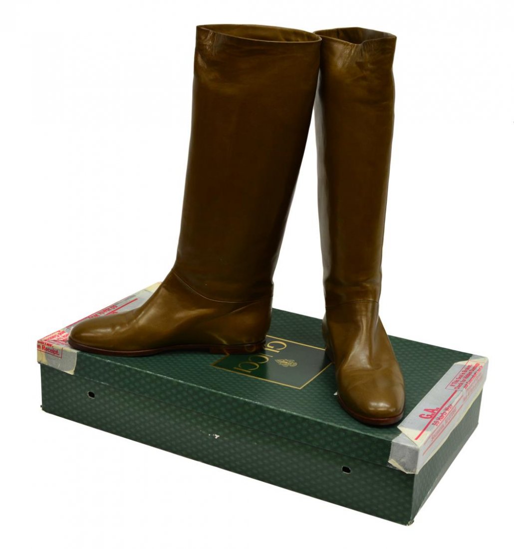 LADIES GUCCI LEATHER RIDING / TALL BOOTS, NEW: (pair) Ladies Gucci leather riding boots, new unworn condition, in original box with tape, greenish / brown leather on low heel, size 39 4lbs Start Price: $150.00