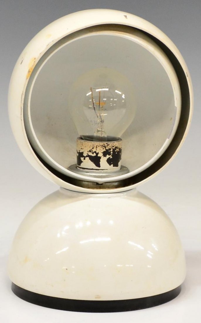 ITALIAN MID-CENTURY MAGISTRETTI DESIGN TABLE LAMP: Italian mid-century modern one-light table lamp, c. 1965, Eclisse model design by Vico Magistretti (Italian, 1920-2006) for Artemide, Milan, Italy, hemispherical white enameled base and adjustable sha