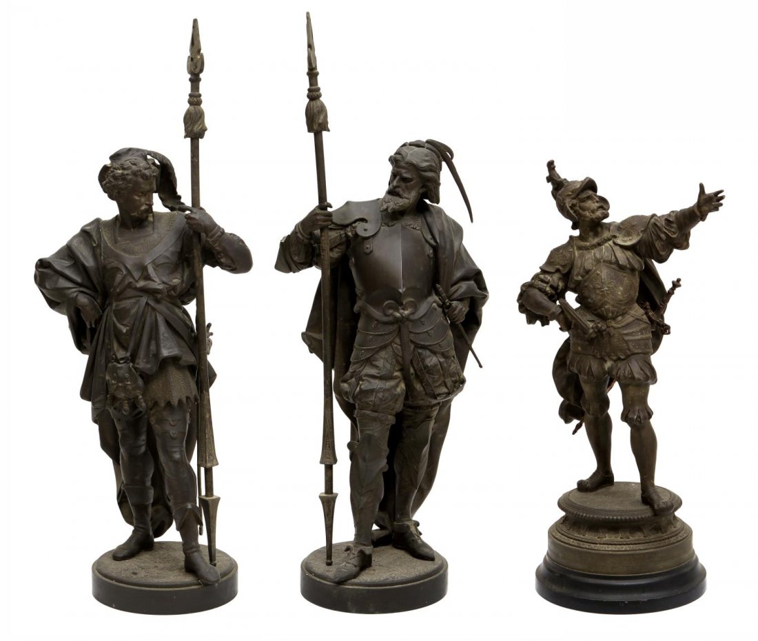 (3) MILITARY FIGURAL SPELTER STATUES: (lot of 3) Spelter military soldier statues, c. 1900, each a soldier in military clothing, two holding spears with broken tips, one figure lacking part of a sword, largest: 32.5"h, 12.5"w, 10"d, total
