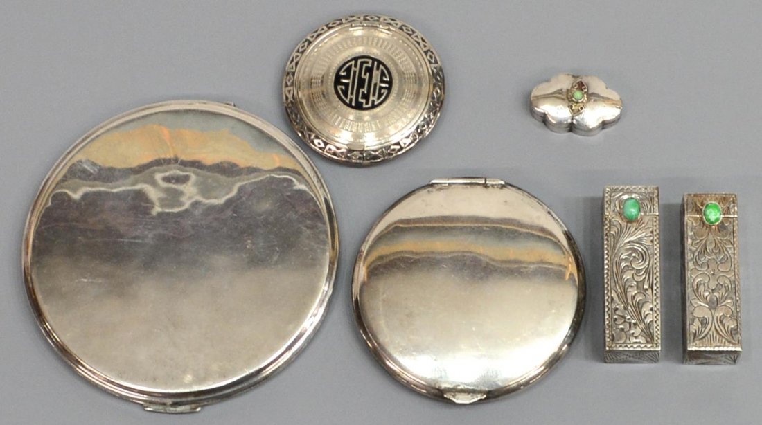 (6) STERLING SILVER & OTHER COMPACTS & CASES: (lot of 6) Collection of sterling, silver and metal items: (1) large sterling silver compact with mirror, Mexico, 4.25"diam; (2) engraved lipstick cases, each set with turquoise cabochon, one marked 9