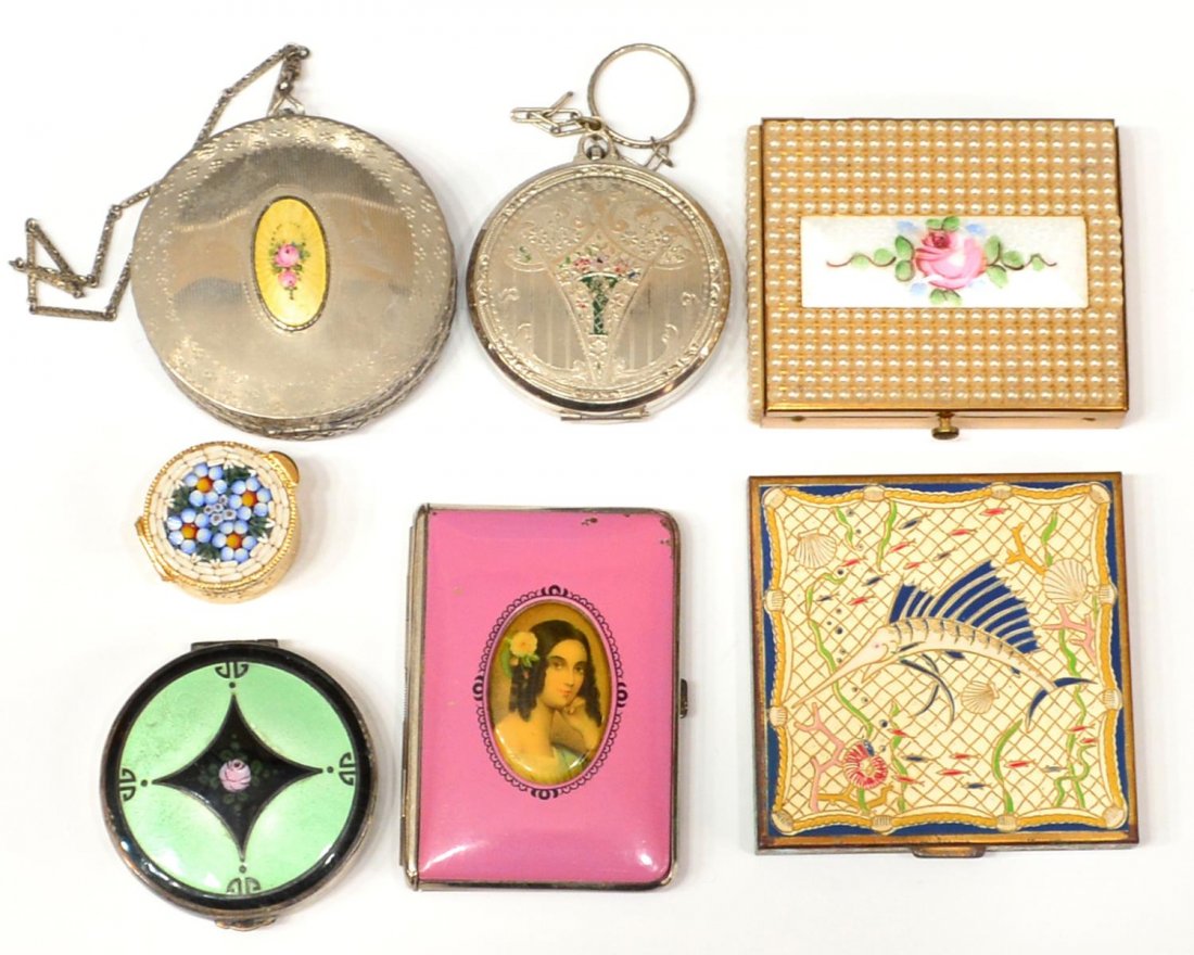 (7) LADIES GUILLOCHE ENAMEL & OTHER COMPACTS, BOX: (lot of 7) Vintage ladies compacts and pill box, (3) having guilloche enamel with floral decor, (1) of square form enameled with a swordfish, (1) small Italian pill box with floral micro mosaic, (1) e