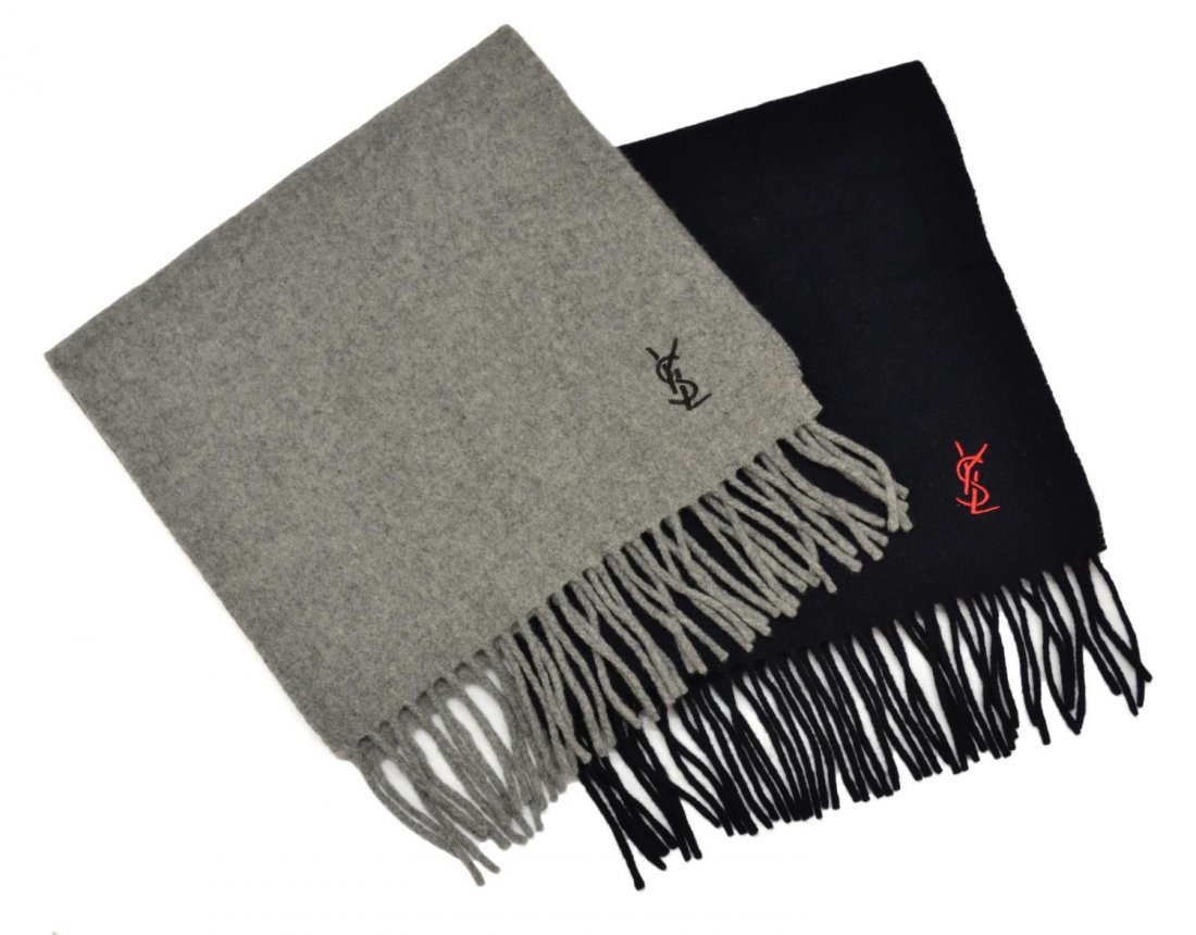 (2) YVES SAINT-LAURENT FRINGED WOOL SCARVES: (lot of 2) Collection of Yves Saint-Laurent wool scarves, in navy blue and gray, embroidered YSL, largest 64"l(excluding fringe), 12"w; 1lbs total Start Price: $80.00