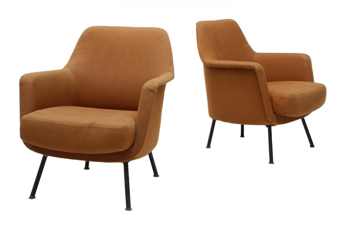 (2) ITALIAN MID-CENTURY MODERN LOUNGE CHAIRS: (lot of 2) Italian mid-century modern lounge chairs, c. 1950, the shape back over outward flared arms, rising on angled tubular steel legs, 30"h, 27"w, 24"d Start Price: $300.00