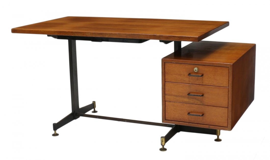 ITALIAN MID-CENTURY MODERN WRITING DESK: Italian mid-century modern writing desk, c. 1960, the floating top, pull out tray, the lower side cabinet with door at one end, drawers at the opposite end, all rising on stretcher joined steel suppor