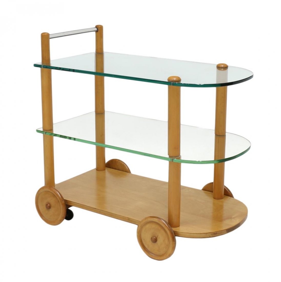 MID-CENTURY MODERN BAR CART, GILBERT ROHDE: Mid-century modern service, bar, or tea cart, 1930's, design by Gilbert Rohde (American, 1894-1944), glass handle above two glass shelves over the lower wood shelf, all rising on wood wheels, undersid