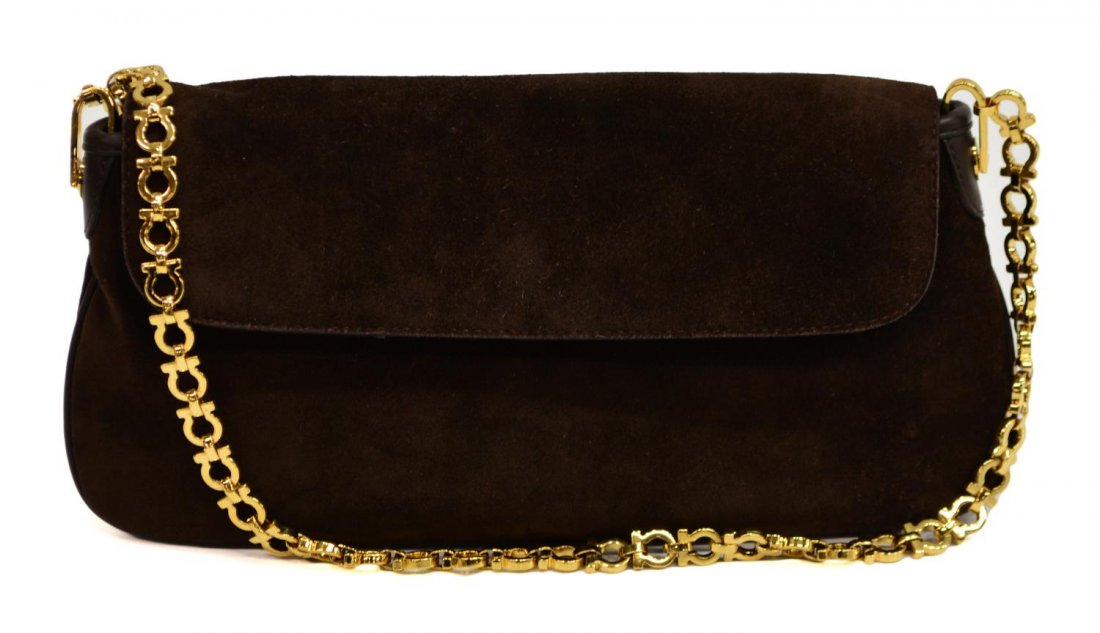 SALVATORE FERRAGAMO BROWN SUEDE SHOULDER BAG: Salvatore Ferragamo shoulder bag in brown suede with gold tone hardware and brown leather trim, red suede interior with one size cell pocket, flap closure, bag: approx5.5"h, 10.5"w, .75lbs Start Price