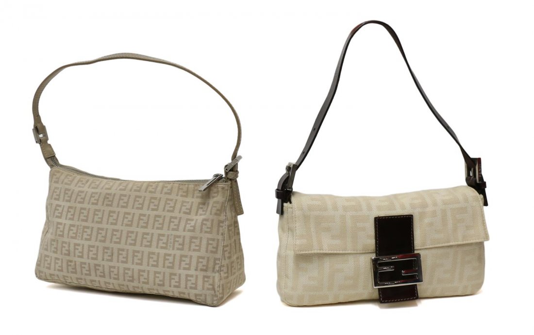 (2) FENDI MONOGRAM & LEATHER HANDBAGS: (lot of 2) Fendi purses: (1) Baguette bag in beige monogrammed canvas, brown leather strap with silver tone buckle, interior zip pocket, leather with some wear, bag: approx 6"h, 10"l; (1) monogram bag