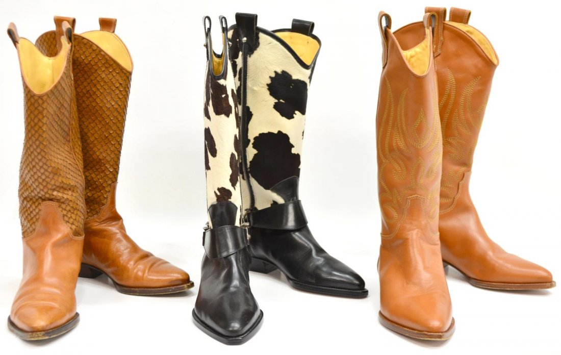 (3 PR) JOAN & DAVID LEATHER COWBOY BOOTS: (3 pairs) Joan and David leather cowboy boots: (pair) spotted pony hair and leather boots, appearing unworn, size 9: (pair) textured and brown leather boots, leather showing character with use, gently