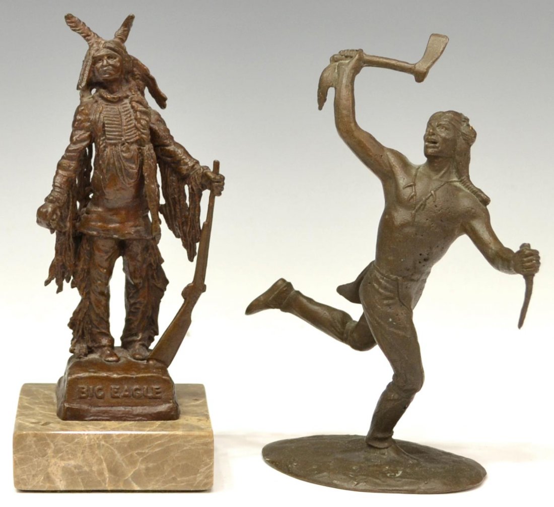(2) AMERICAN INDIAN BRONZE, TIFFANY & CARL KAUBA: (lot of 2) Bronze sculptures of Native American figures: (1) after "Big Eagle", signed at base C. Kauba (Carl Kauba, 1865-1922), mounted on marble: bronze:5.5"h, overall: 6.5"h, 2.75"W, 2.75"d; (1) wa