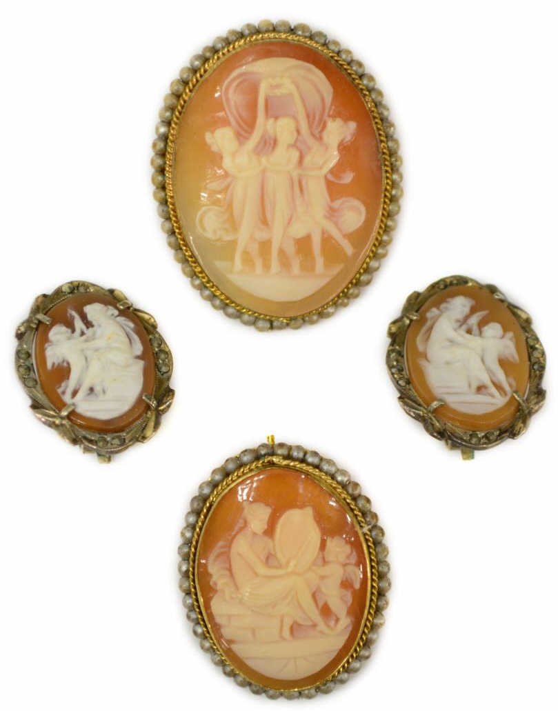 (4) ESTATE 800 SILVER & OTHER CAMEO SHELL JEWELRY: (lot of 4) Collection of carved cameo shell estate jewelry: (1) brooch / pendant, 800 silver gilt frame rimmed with miniature beads, the shell depicting The Three Graces, 1.25"h; (1) small 800 silver 