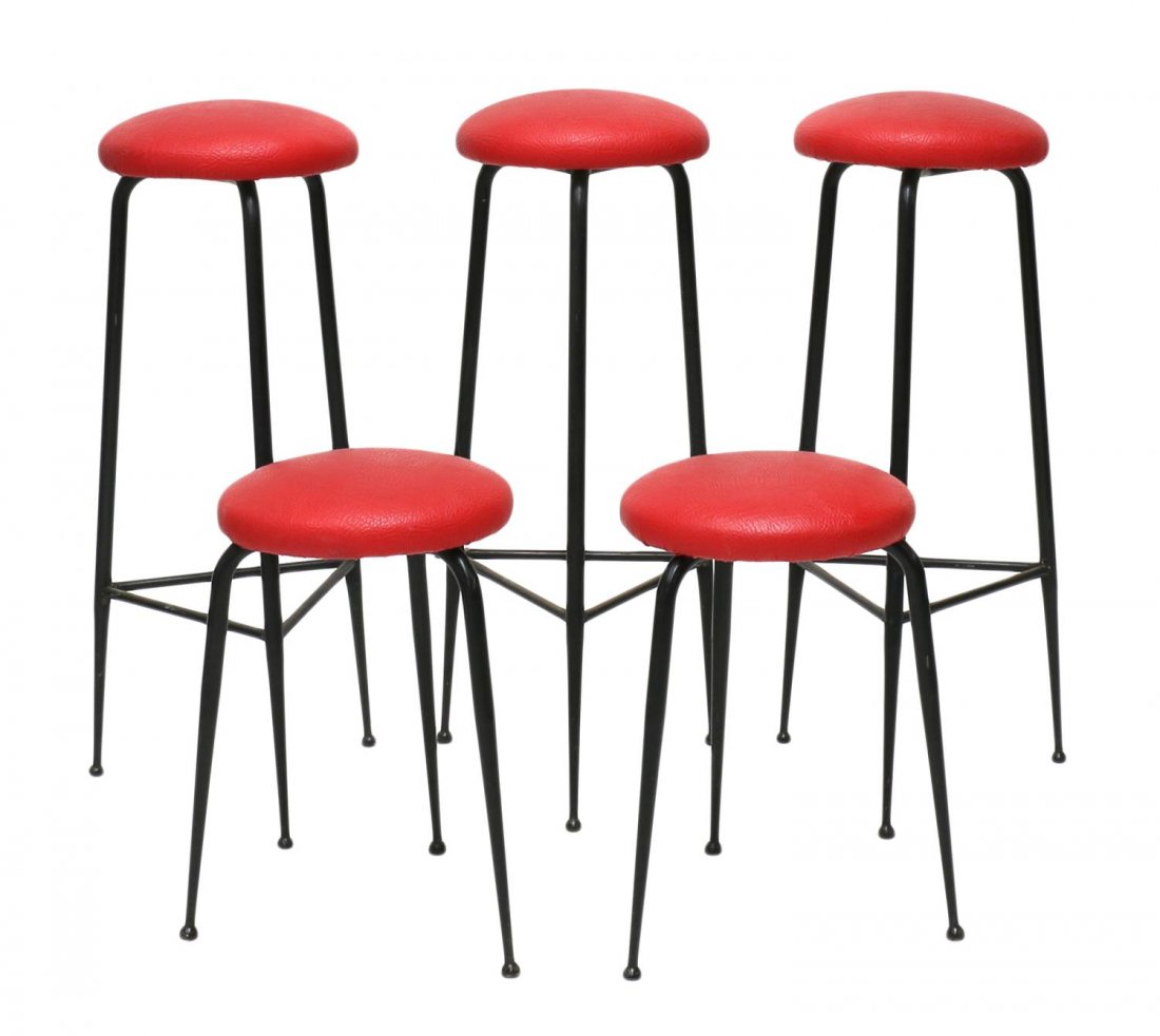 (5) ITALIAN MID-CENTURY VINYL AND METAL BAR STOOLS: (set of 5) Italian mid-century stools, c. 1950, two sizes, each with a circular red vinyl top, three tapered metal supports joined by stretchers, wear to finish: (3) 34.25"h, 12.25"diam; (2) 20.25"h, 