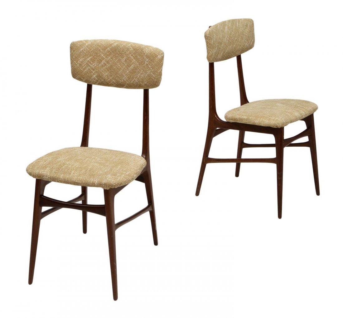 (2) ITALIAN MID-CENTURY MODERN SIDE CHAIRS: (lot of 2) Italian mid-century modern side chairs, design in the manner of Gio Ponti, the padded back rail and seat rising on stretcher joined tapered legs, 32.5"h, 15.5"w, 20"d Start Price: $100.00