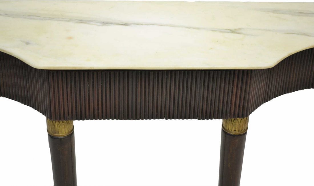 PAOLO BUFFA STYLE MARBLE TOP CONSOLE TABLE: Italian mid-century marble top console table, style in the manner of Paolo Buffa (Italian, 1903-1970),a shaped top over the single drawer rosewood frieze, string inlay accents, raised on tapered eboni