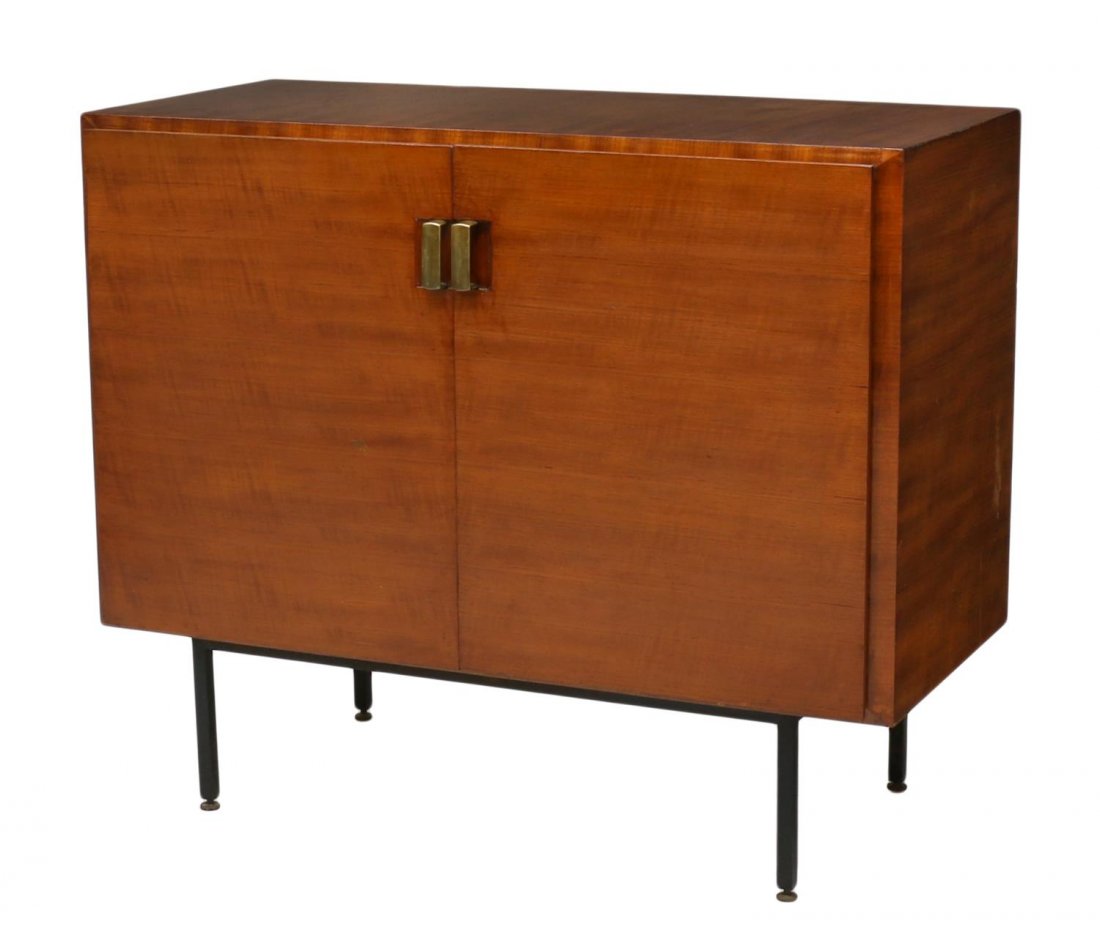 ITALIAN MID-CENTURY MODERN TEAKWOOD CABINET: Italian mid-century modern teakwood cabinet by Galleria Mobili Arte, Cantu, rectangular with two doors, brass pulls, rising on square steel legs with brass feet, 35"h, 41.5"w, 20"d Start Price: $200.0