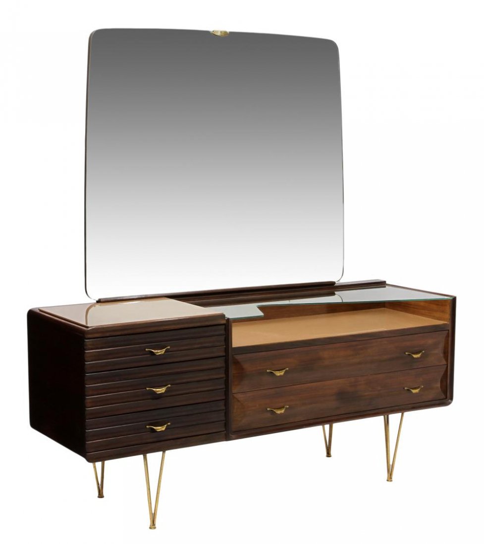 MID-CENTURY ROSEWOOD COMMODE, PIET HEIN &BRUNO MATHSSON: Modern commode and mirror,in the manner of Piet Hein & Bruno Mathsson, c. 1950, the stepped rosewood case set with two painted glass tops and surmounted by a large mirror, five drawers mounted with gi
