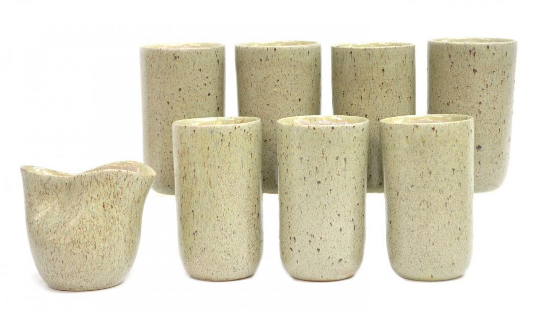 (8) EUGENE DEUTCH MODERNIST POTTERY DRINKS SET: (lot of 8) Modernist ceramic studio pottery drinks service, signed E. Deutch (Eugene Deutch / Deutsch, American, 1904-1959), comprising: (1) biomorphic pinched form, approx 3.75"h; (7) tumblers, appro