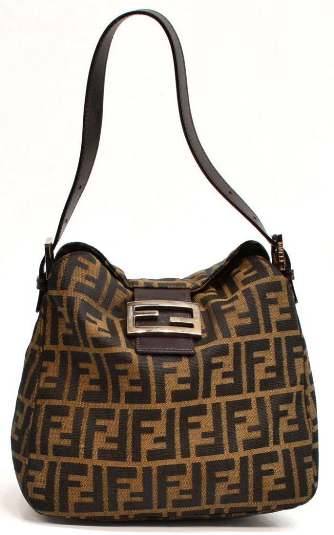 FENDI MONOGRAM CANVAS & BROWN LEATHER PURSE: Fendi monogram canvas shoulder bag, fold over closure with brown leather and silver tone logo hardware, lined interior with single zip pocket, bag: approx 8"h, 11"w, .25lb Start Price: $60.00