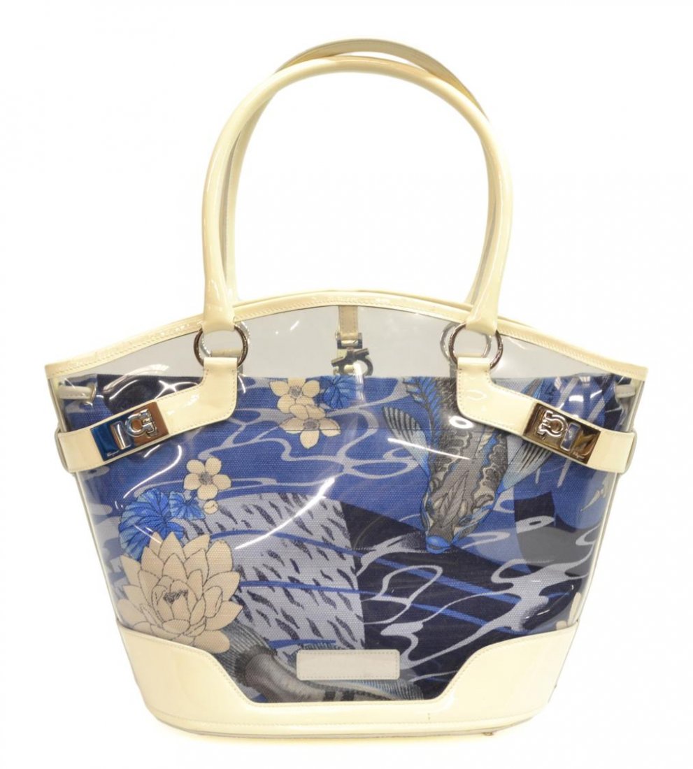 SALVATORE FERRAGAMO CLEAR & CANVAS SUMMBER HANDBAG: Salvatore Ferragamo summer handbag, transparent outer bag, interior canvas bag in blue showing fish and flowers, white patent leather handles and trim, single clasp closure, light blue interior with s