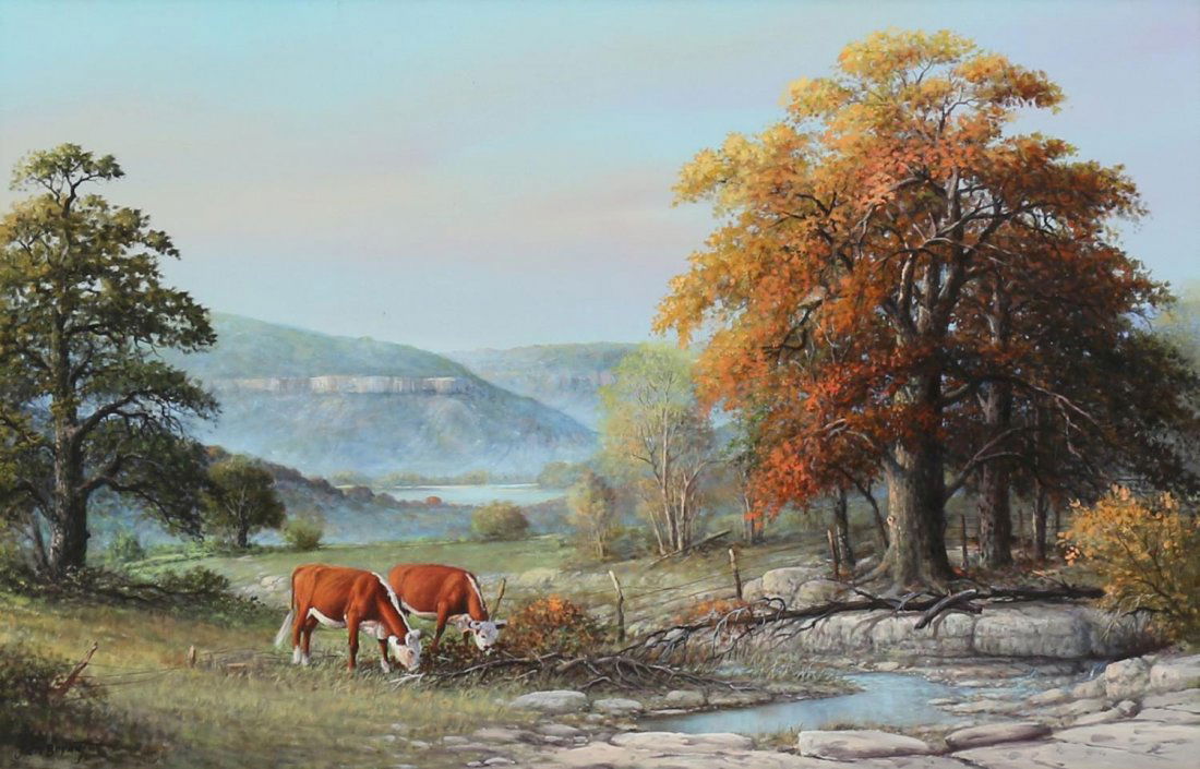 JACK BRYANT SR. (1929-2012), TEXAS CATTLE PAINTING: Framed oil painting on canvas, Cattle in Texas Hills, signed lower left Jack Bryant (Jack Bryant Sr., Texas, 1929-2012), sight: 23.25"h, 35.25"w, overall: 31"h, 43.25"w, 9.25lbs Start Price: $300.00