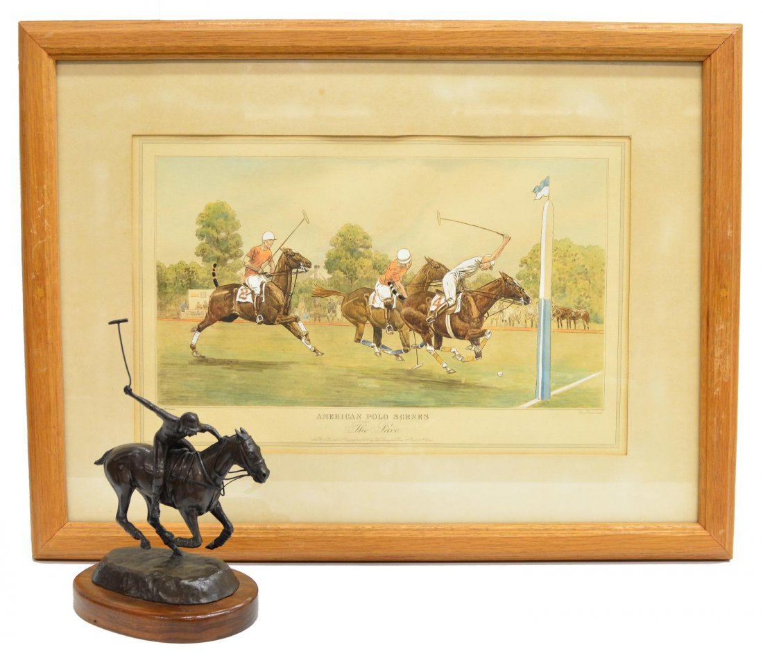 (2) "AMERICAN POLO SCENE" AQUATINT & BRONZE PLAYER: (lot of 2) Framed "American Polo Scenes" hand colored aquatint, "The Save", pencil signed Paul Brown (Paul Desmond Brown, American, 1893-1958, 12.75"h, 20"w, overall: 21.75"h, 29.25"w together with (1