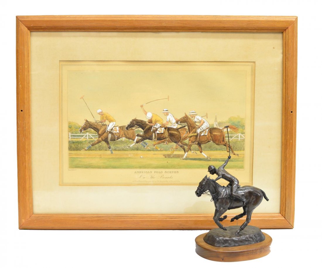 (2) "AMERICAN POLO SCENE" AQUATINT & BRONZE: (lot of 2) Framed "American Polo Scenes" hand colored aquatint, "On The Boards", pencil signed Paul Brown (Paul Desmond Brown, American, 1893-1958, 12.75"h, 20"w, overall: 21.75"h, 29.25"w together wi