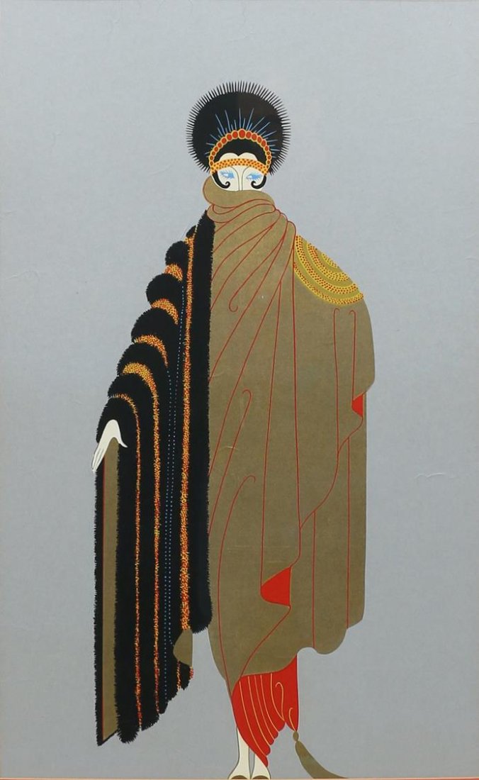 FRAMED LITHOGRAPH, "MYSTIQUE", ERTE: Framed lithograph, "Mystique" by Erte (Romain de Tirtoff, Russian / French, 1892-1990), print produced 1974, affixed to mat, sight: approx 31"h, 19"w, overall: approx 36.25"h. 24.25"w, 14.25lbs total