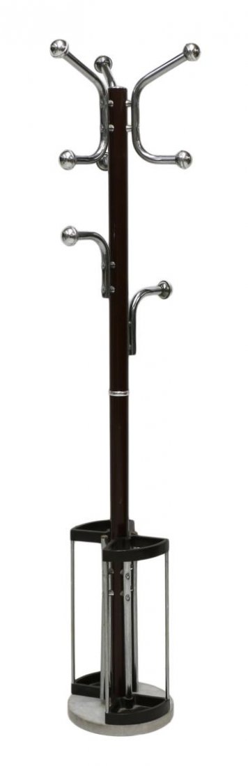 ITALIAN MODERN CHROME & PAINTED HALL TREE: Italian modern painted and chromed steel hall tree, 1970's, the central standard with five coat hooks, two lower rotating umbrella stands, all rising on a circular marble base, 68.5"h, 11.5"diameter S