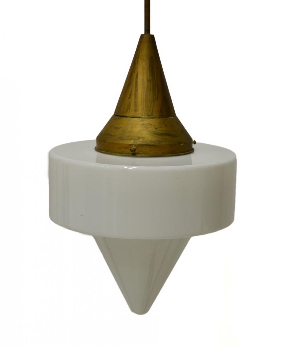 ITALIAN MID-CENTURY MODERN CEILING LAMP: Italian mid-century modern one light hanging lamp, c. 1950, gilt metal standard holding white glass shade of circular body and pointed drop conical bottom, enclosing lights, in need of wiring, approx 