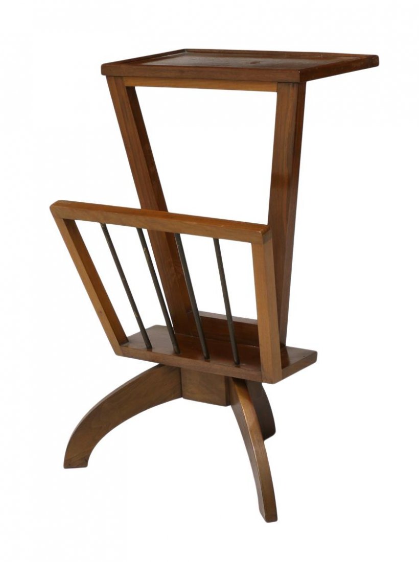 ITALIAN MID-CENTURY MODERN MAGAZINE RACK: Italian mid-century modern wood magazine holder. c, 1940/50, rack with tray rising on a tripod base, approx 24.25"h, 16.5"w, 12.5"w, 2.75lbs Start Price: $80.00