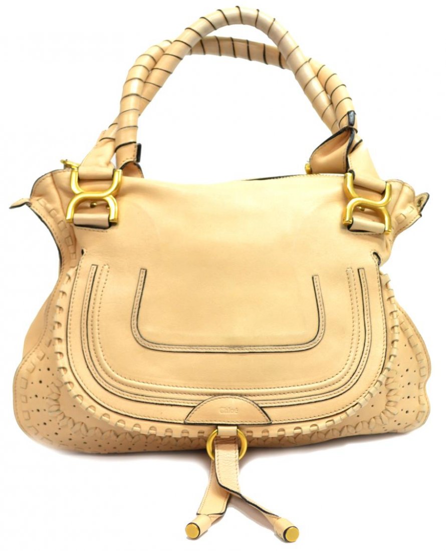CHLOE LEATHER & GOLD TONE HARDWARE HANDBAG: Chloe handbag in light peach leather with shoulder strap, gold tone hardware, exterior flap concealing slot pocket, zippered top opening to lined interior with zip and open pocket, accompanied by long