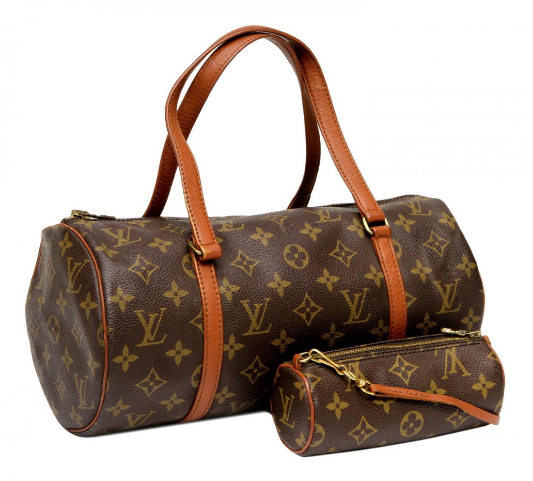 (2) LOUIS VUITTON MONOGRAM PAPILLION & MINI BAGS: (lot of 2) Louis Vuitton handbags in monogram canvas, brown leather handles and trim, comprising: (1) "Papillon 30" purse, slight wear to interior, bag: approx 6"h, 12"w, 5"d; (1) "Papillon Mini" pouc