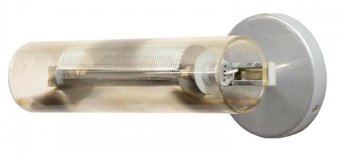 ITALIAN WALL SCONCE, DESIGN BY FRATTINI / ARTEMIDE: Italian wall sconce, c. 1989, design by Gianfranco Frattini (Italian, 1926-2004) for Artemide, Milan, Italy, tinted tubular glass shade on a metal standard and circular mount, marked model 'Acheo pare