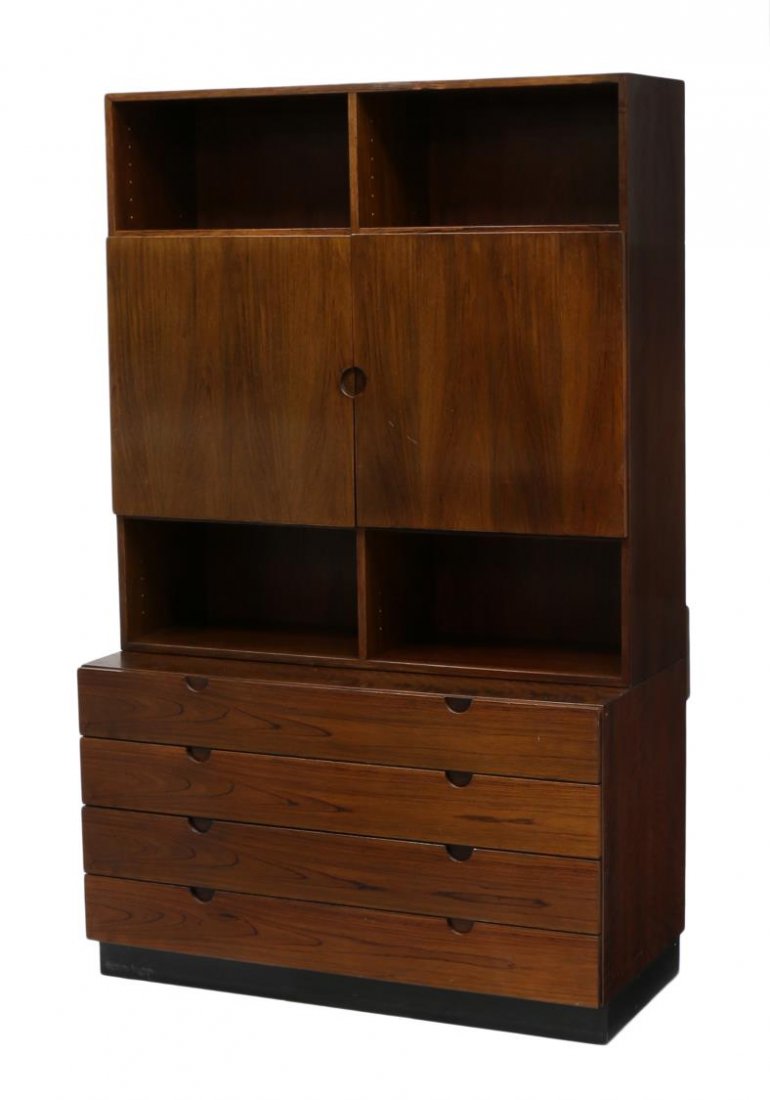 DANISH MID-CENTURY MODERN ROSEWOOD CABINET: Danish mid-century modern rosewood bookcase by Bramin Mobler, 1960's, rectangular with open shelves, upper doors, four lower drawers with one fitted for flatware storage, rising on a plinth base, 63.7