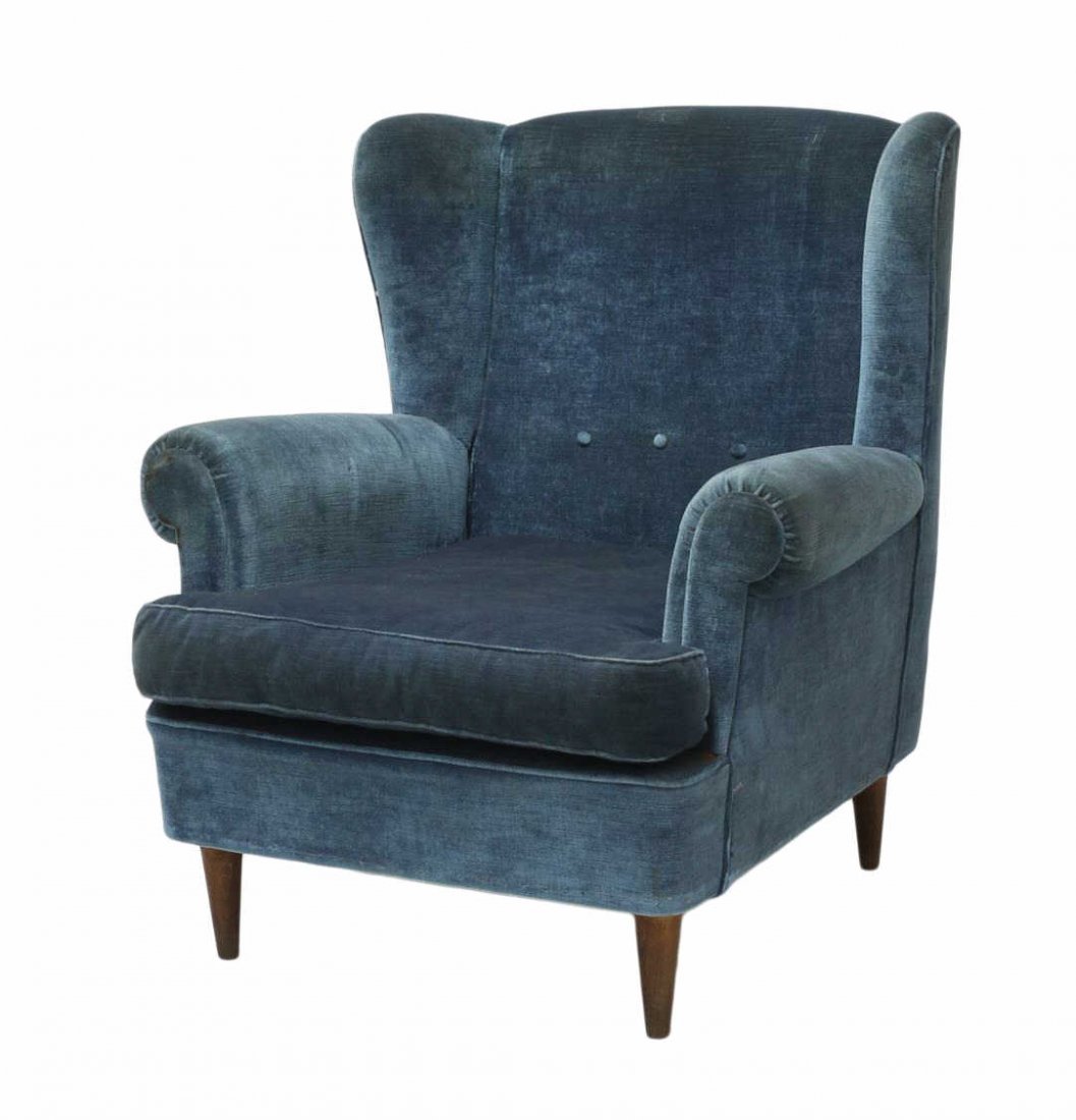 ITALIAN MID-CENTURY MODERN WINGBACK ARM CHAIR: Italian mid-century modern wingback arm chair, 1950's, having blue fabric, a removable cushion, rising on tapered turned legs, 33.25"h, 30"w, 28"d Start Price: $200.00