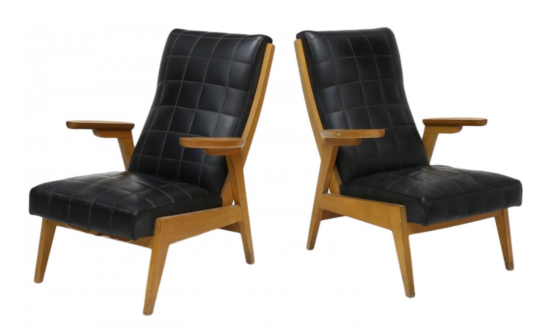 (2) ITALIAN MID-CENTURY MODERN ARM CHAIRS: (lot of 2) Italian mid-century modern chairs, late 1940's, design attributed to B.B.P.R., Giussano, a birch finish wood frame with stitched black vinyl back and seat, arms raised on angular leg suppor
