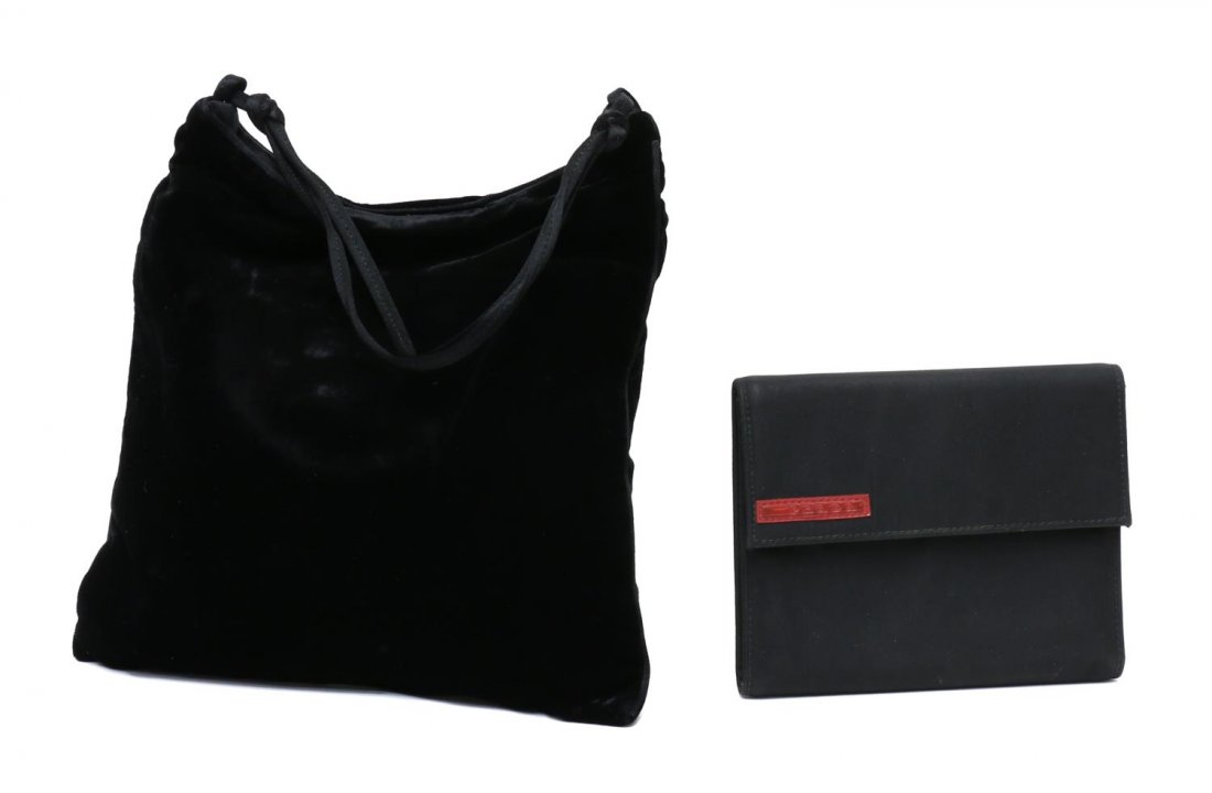 (2) PRADA BLACK VELVET BAG & PRADA NYLON WALLET: (lot of 2) Prada purse and wallet: (1) velvet like bag with black satin liner, magnetized closure, concealed metal logo in slot pocket, approx 7.75"h, 8.5"w; (1) black wallet with red Prada tag, inter