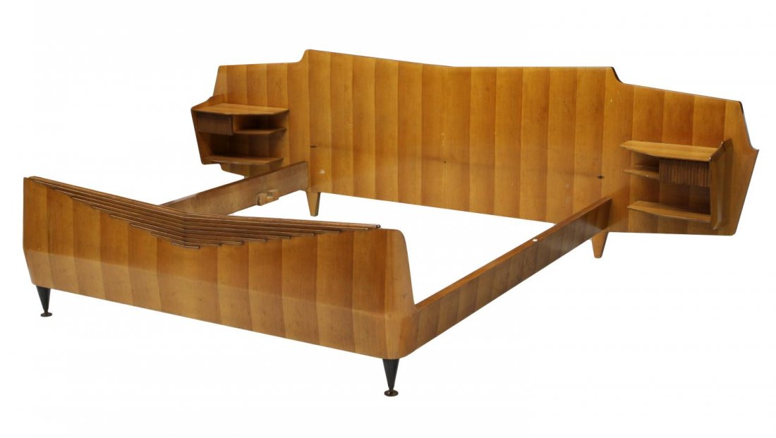 ITALIAN MID-CENTURY MODERN BED WITH CABINETS: Italian mid-century modern bed, c.. 1955, the headboard with attached bedside cabinets, headboard: 36.5"h, 123"l, 12.25"d, interior approx. 66.5"w, 74.75"l Start Price: $300.00