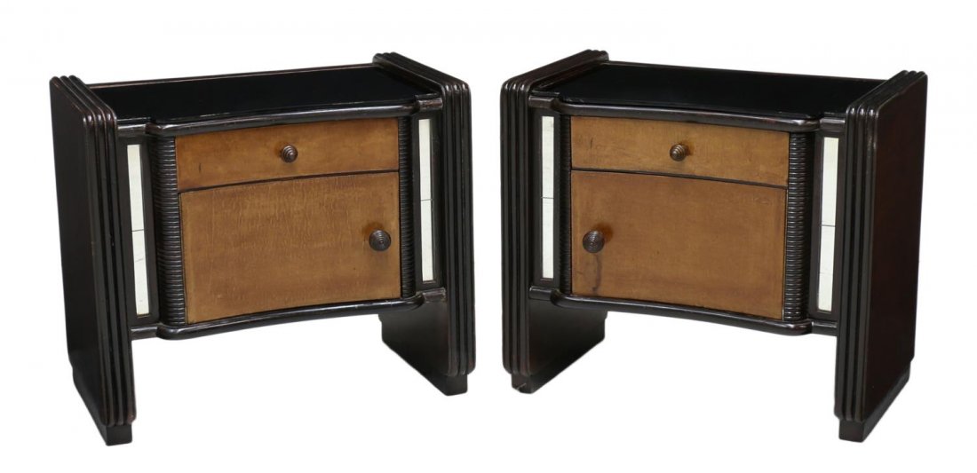 (2) ATELIER BORSANI GLASS TOP MIRRORED SIDE TABLES: (pair) Italian glass and wood side tables, c. 1970, atelier Osvaldo Borsani (Swiss/Italian, 1911-1985), each set with black glass top, over a single drawer and cabinet door, inset mirrors to either si