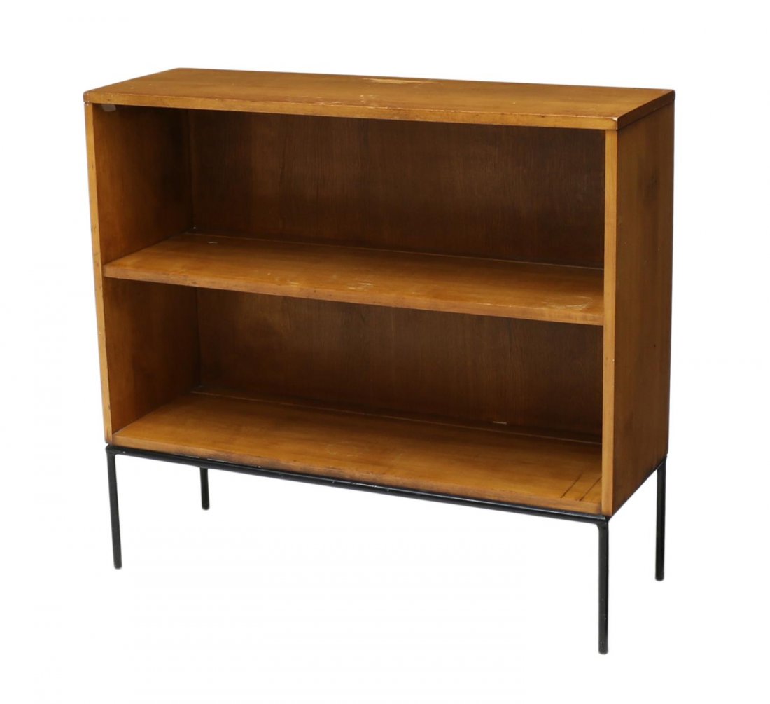 PAUL McCOBB MODERN BOOKCASE FOR WINCHENDON: Mid-century modern maple bookcase, design by Paul McCobb Planner Group for Winchendon, rectangular with two shelves rising on square steel legs, top needs refinishing, 33"h, 36"w, 12"d Start Price: $3