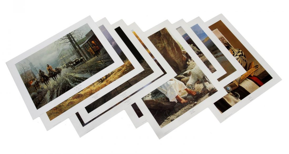 (8)WESTERN PRINTS, HARVEY, SUMMERS, PUMMILL, BOREN: (lot of 8) Unframed limited edition prints by Somerset House, Houston, a part of the "Connally Collection", each artist signed, each numbered 971 of 1000, seven with Limited Edition certificate, house